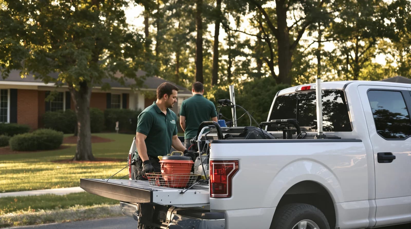 Two Midlands Exterior Solutions crew owners loading equipment into a truck bed at a Lexington job site