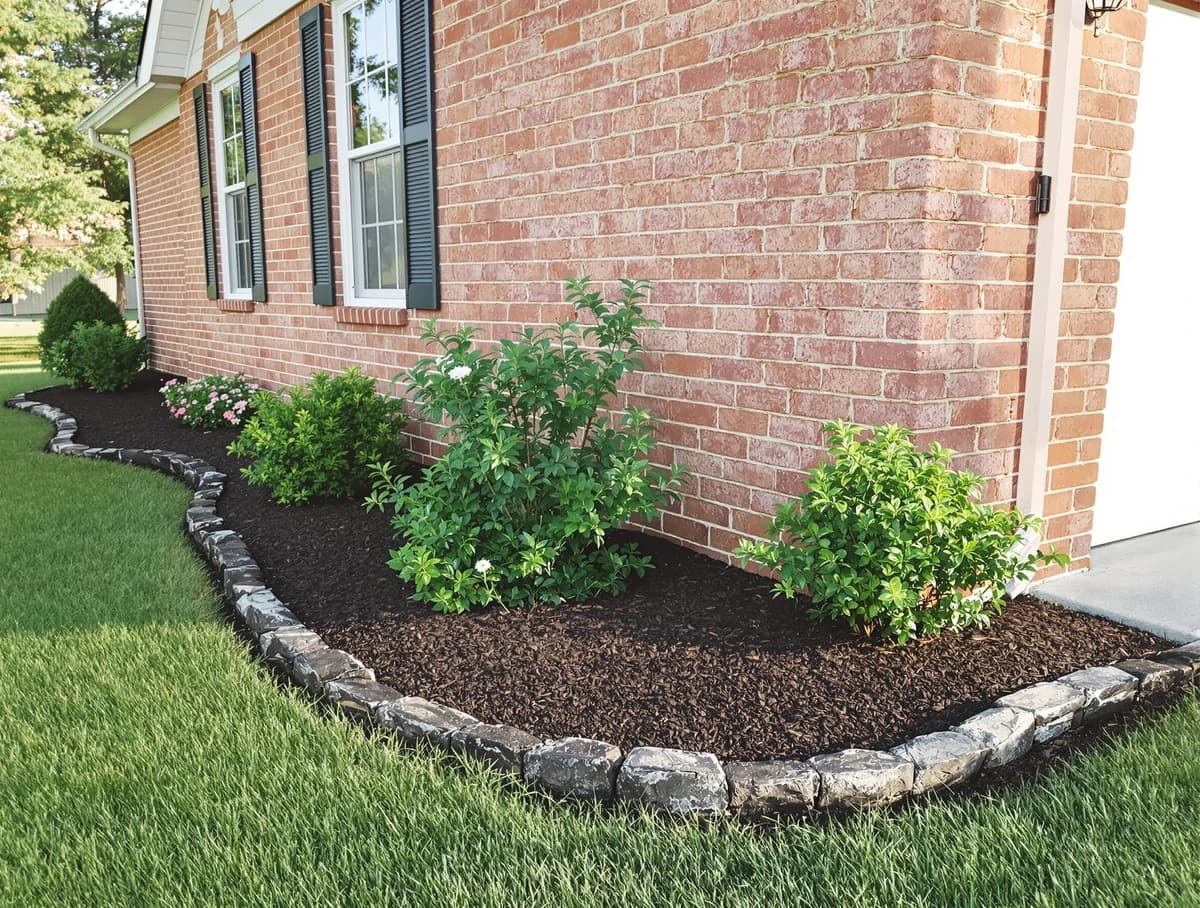 Same Chapin bed with stone edge, fresh mulch saucer-shaped around shrubs