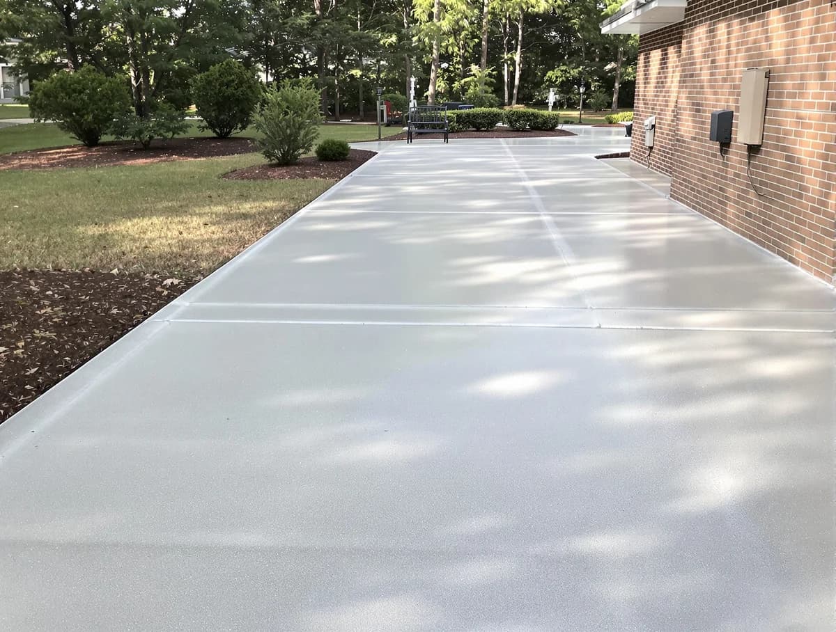 Freshly pressure-washed Columbia driveway with reflective wet surface