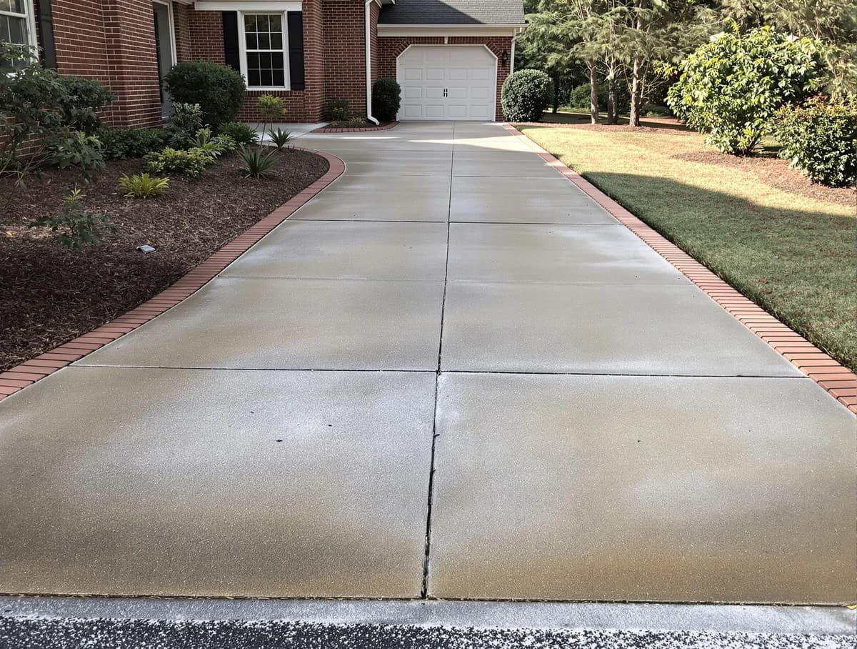 Pollen-tinted Columbia concrete driveway with brick edges before washing