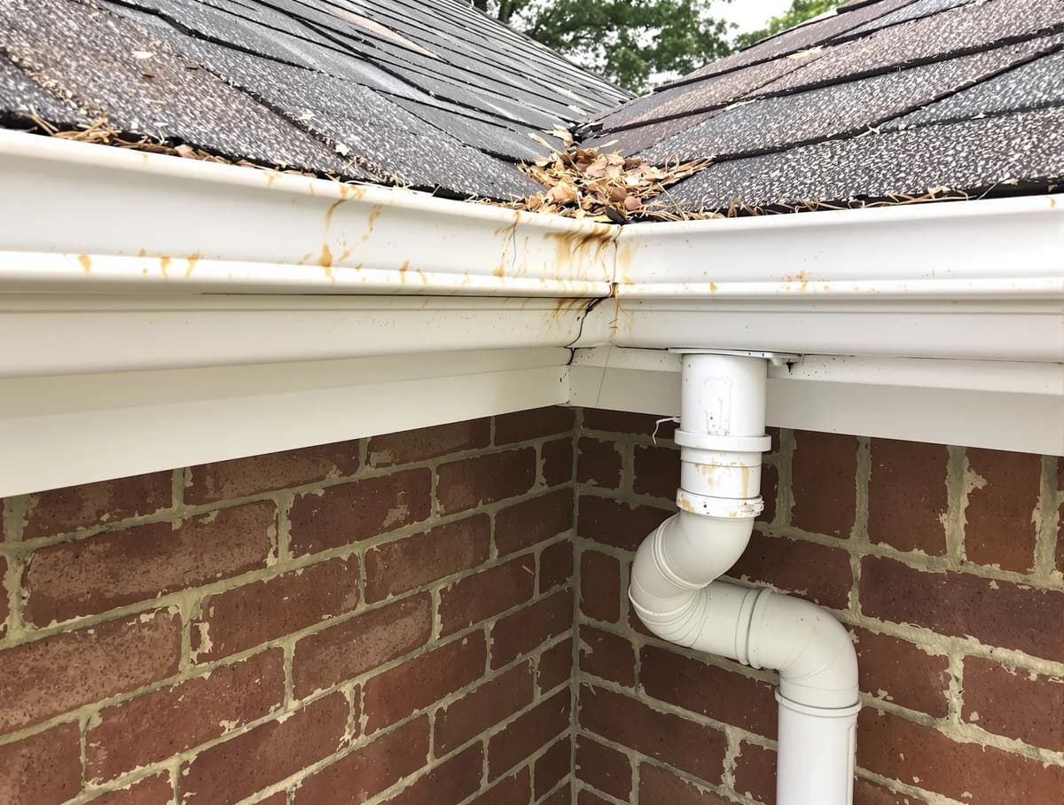 Forest Acres gutter corner clogged with leaves and debris with stained fascia