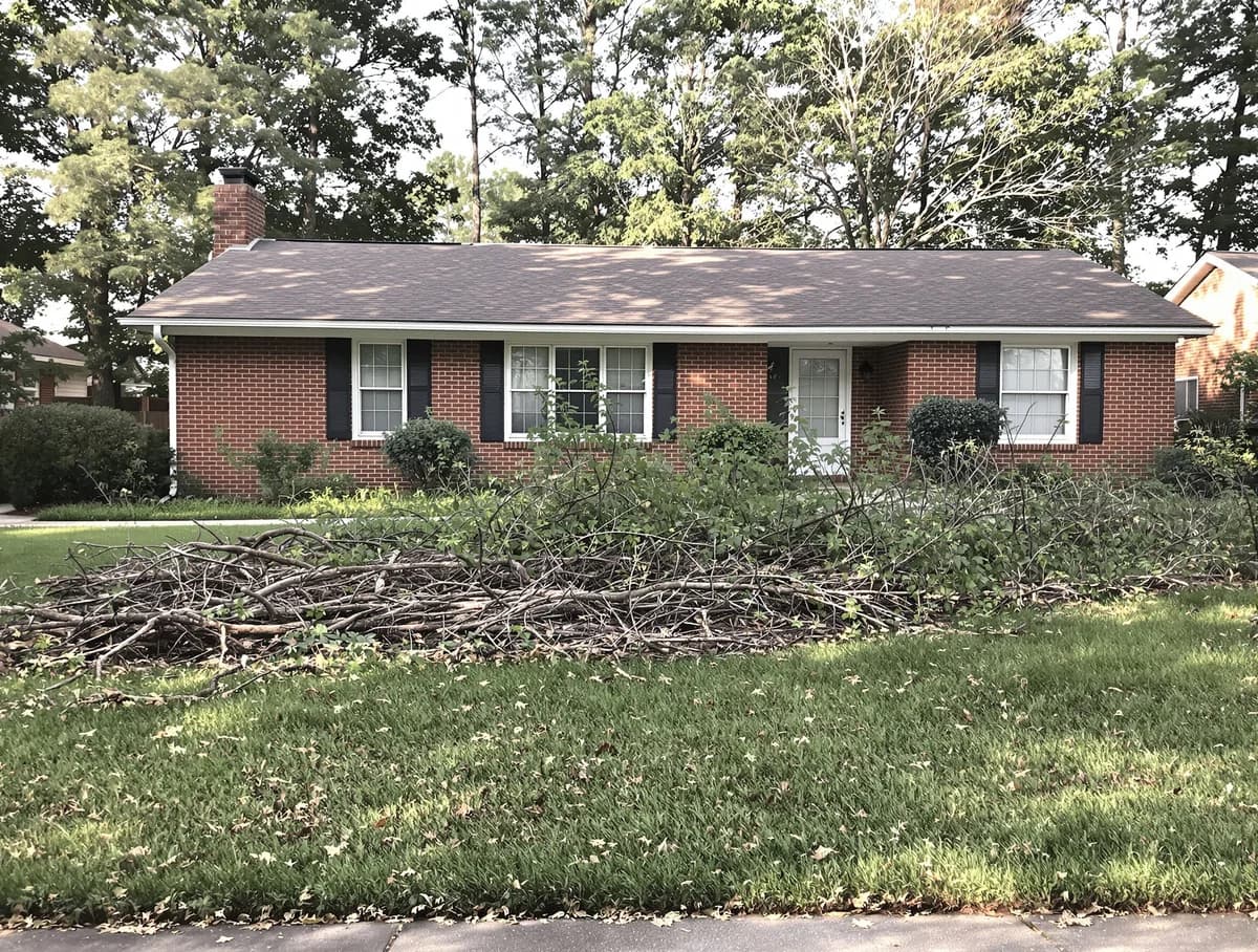 Irmo brick ranch front yard with storm-felled branches piled before cleanup