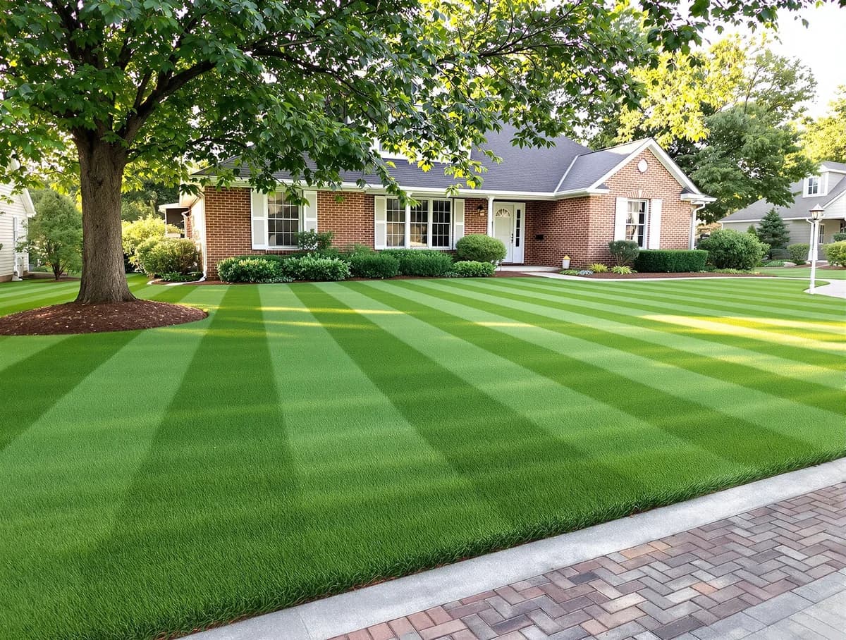 Same Lexington lawn restored to consistent green with fresh mow stripes