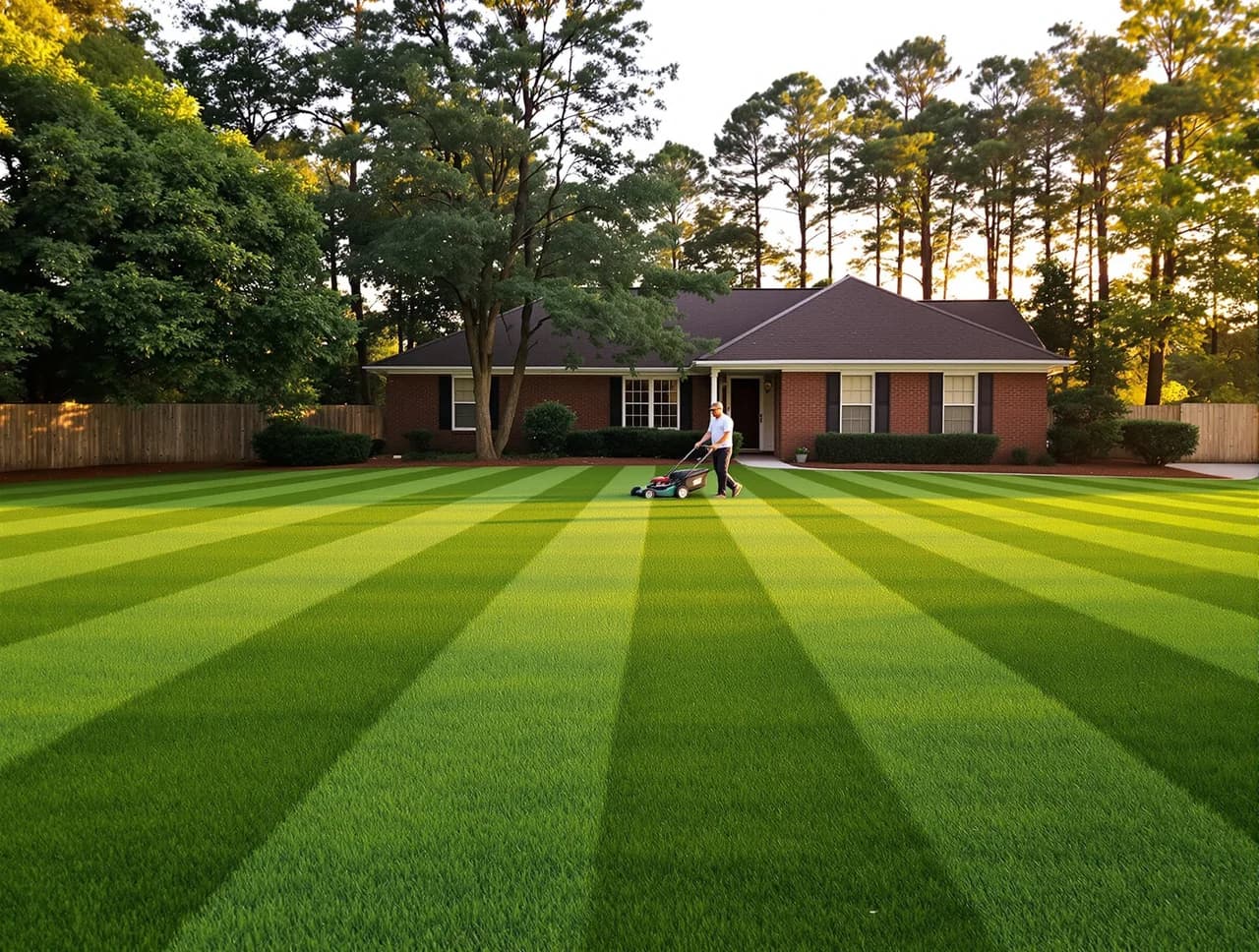 Lawn care crew member walking a commercial mower across a Lexington half-acre lawn