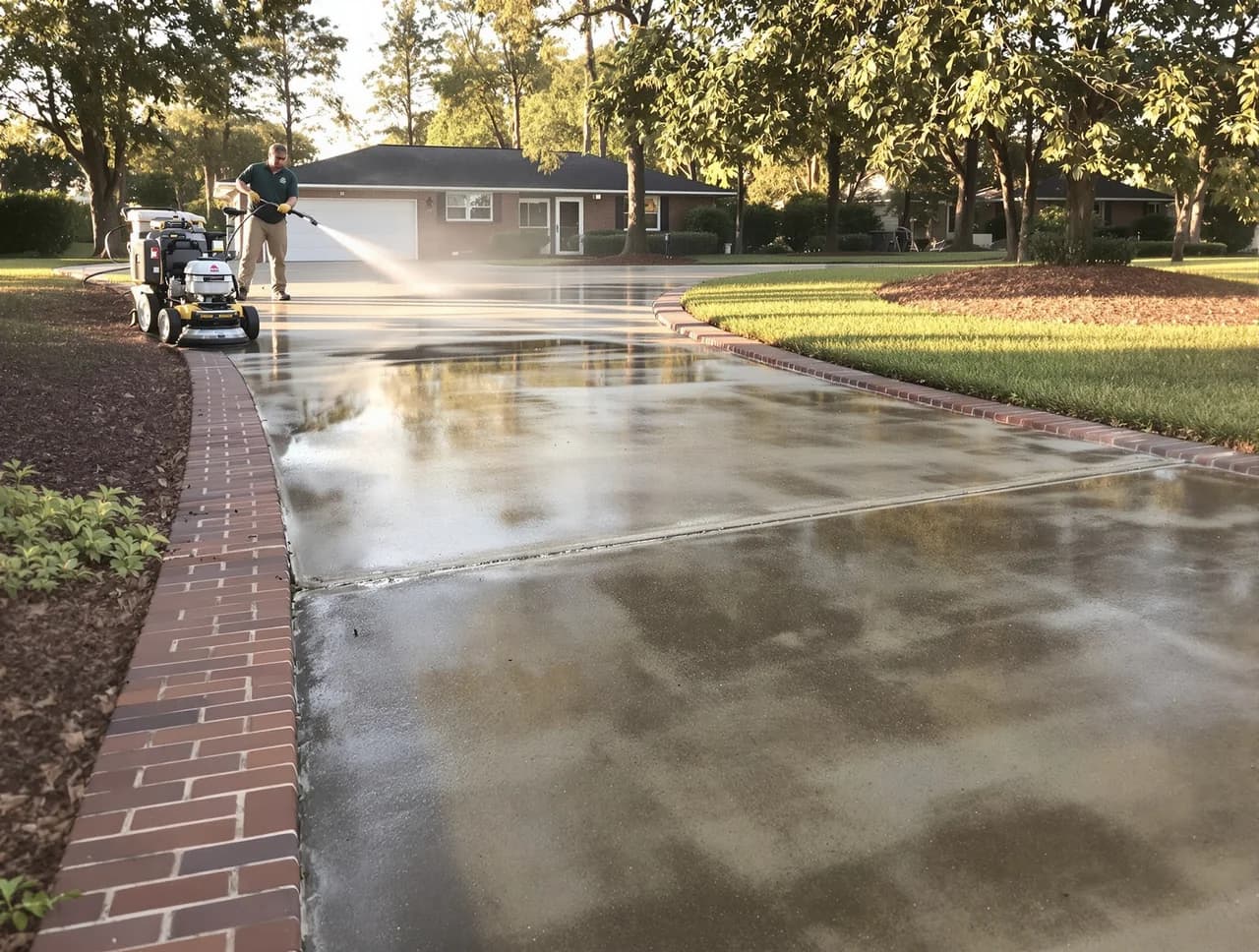 Long pressure-washed driveway with reflective wet surface and brick edges in Midlands SC