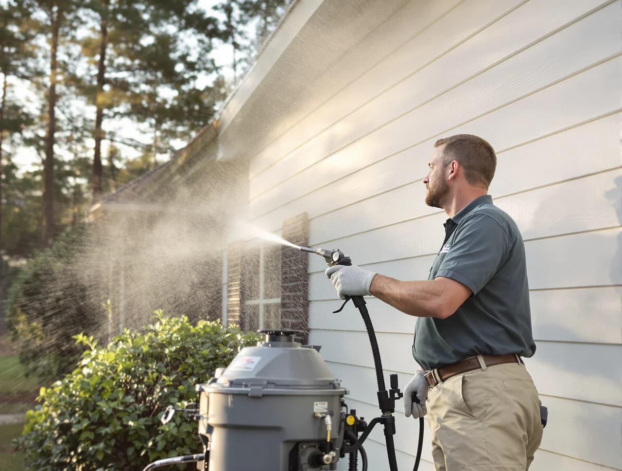Soft-wash spray on white vinyl siding of a Midlands SC home