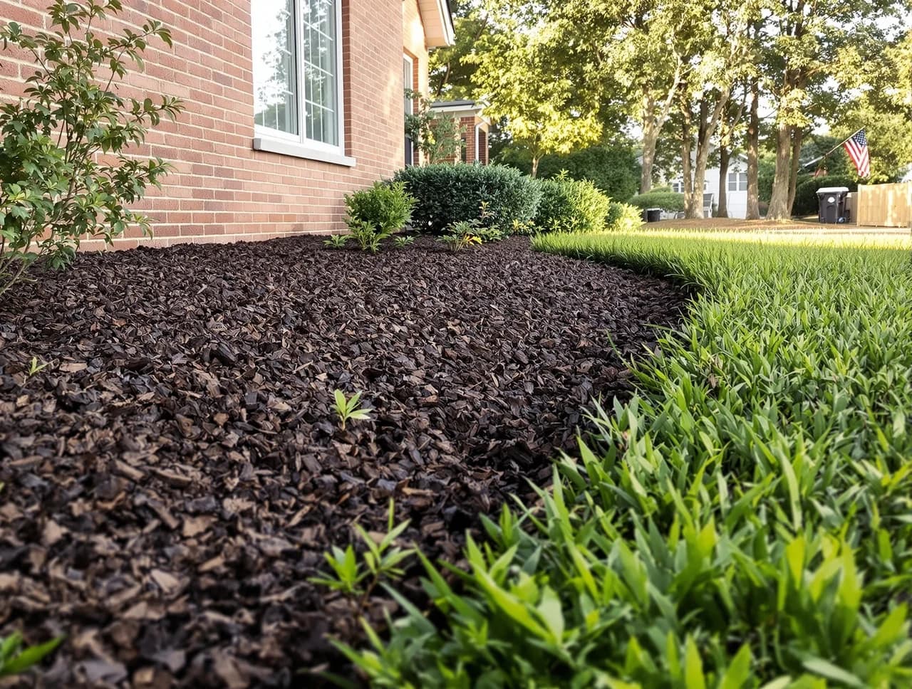 Freshly mulched bed with crisp edge against fescue lawn at a Midlands SC home