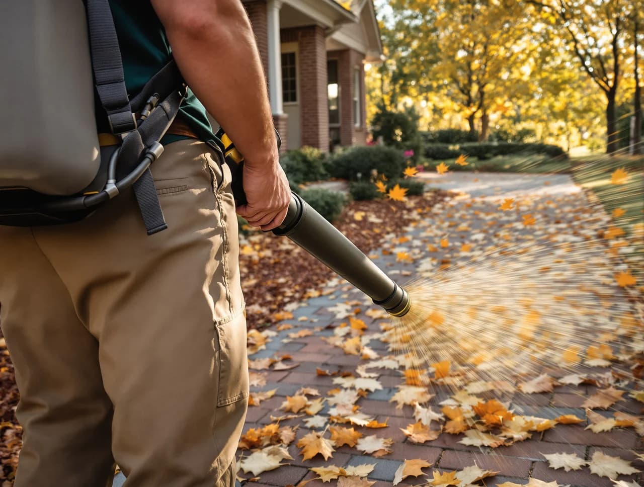 Worker using a backpack leaf blower along a brick walkway in fall in Lexington SC